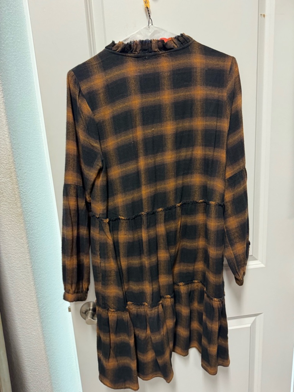 Dylan Plaid Ruffle Trim Tiered Dress in Black and Mustard - Picture 2 of 3